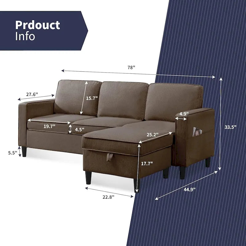 Canapé rembourré moderne en forme de L à 3 places avec pouf Mixoy 78 pouces