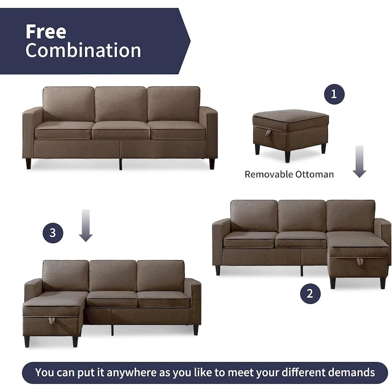 Canapé rembourré moderne en forme de L à 3 places avec pouf Mixoy 78 pouces