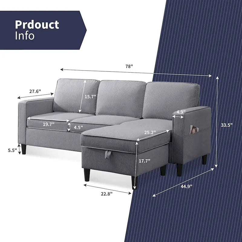 Canapé rembourré moderne en forme de L à 3 places avec pouf Mixoy 78 pouces