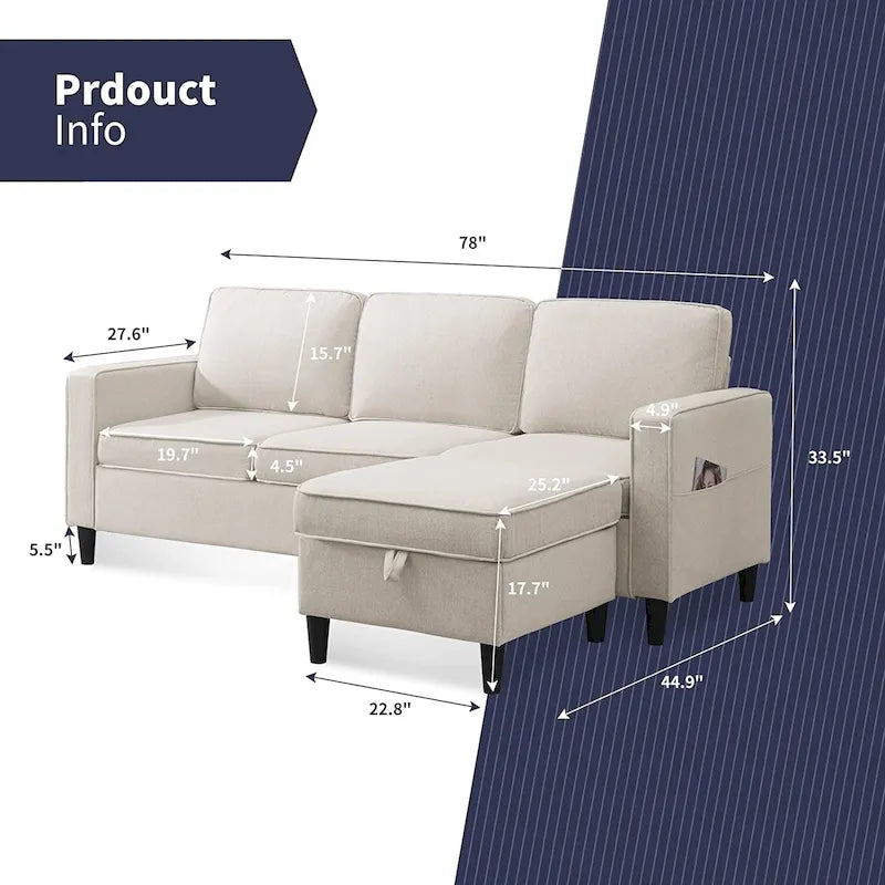 Canapé rembourré moderne en forme de L à 3 places avec pouf Mixoy 78 pouces