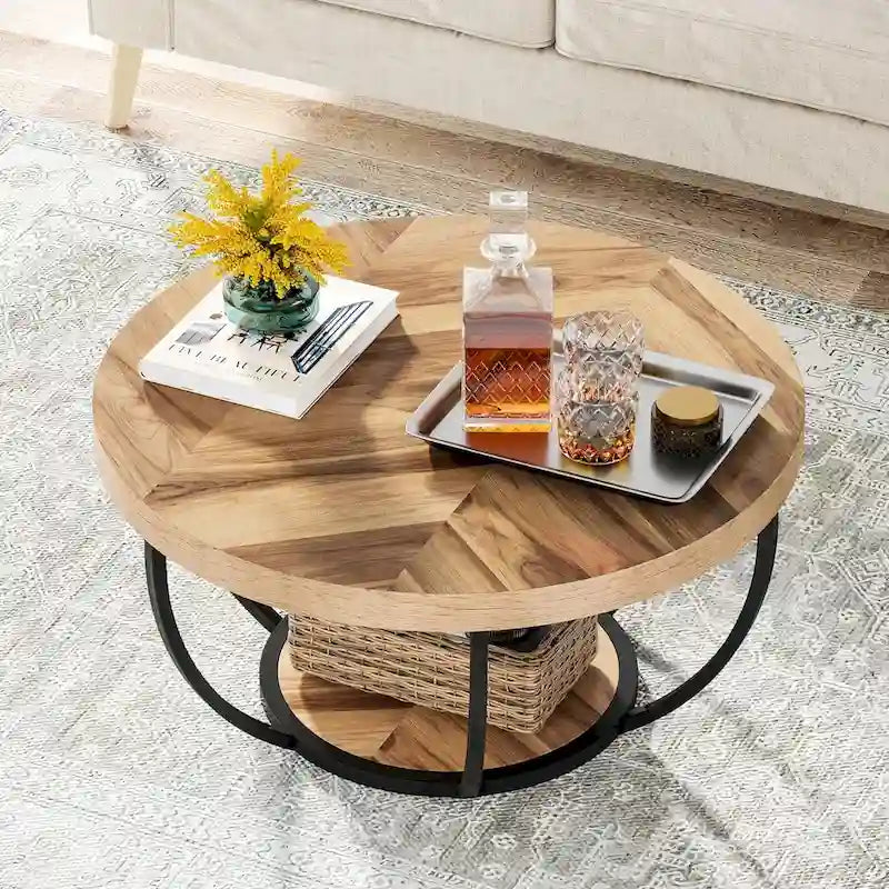 Table basse ronde de 31,7 pouces, table d'appoint rustique à 2 niveaux avec étagères de rangement ouvertes