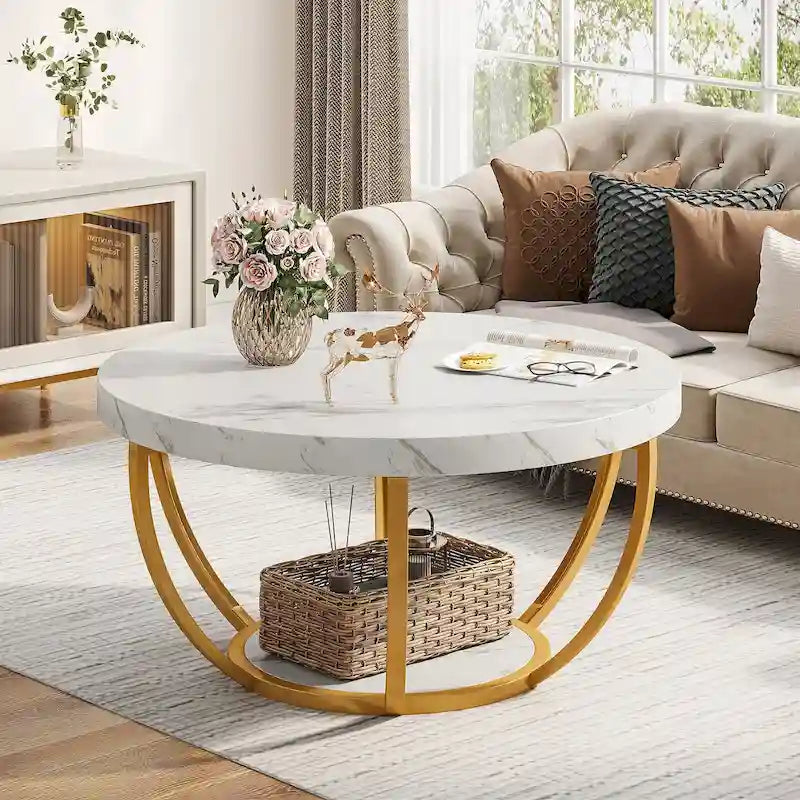 Table basse ronde de 31,7 pouces, table d'appoint rustique à 2 niveaux avec étagères de rangement ouvertes