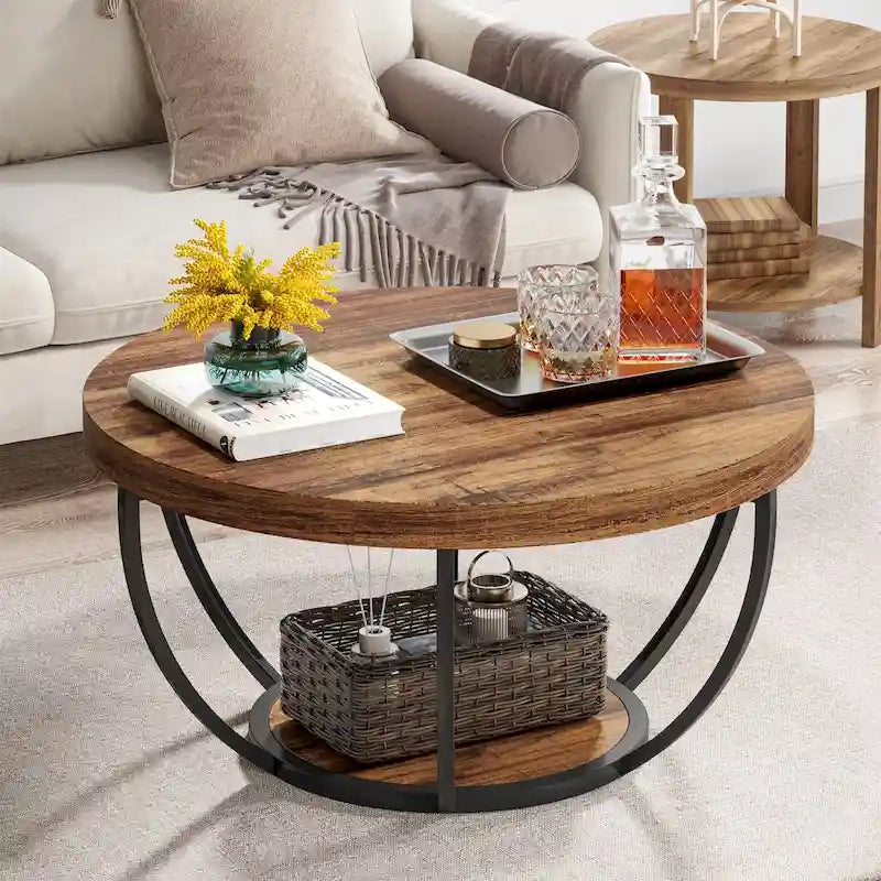 Table basse ronde de 31,7 pouces, table d'appoint rustique à 2 niveaux avec étagères de rangement ouvertes