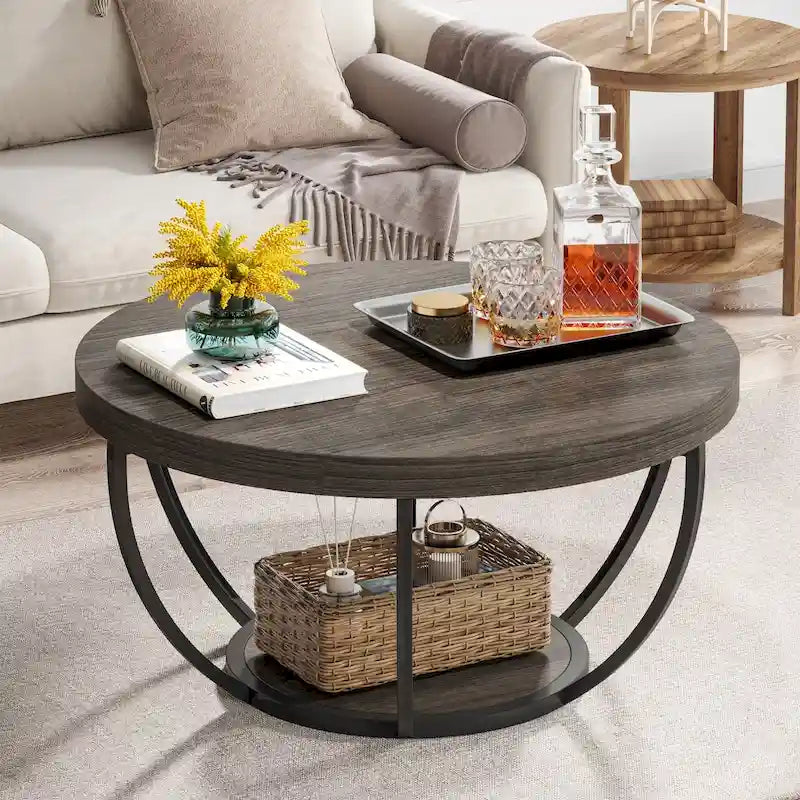 Table basse ronde de 31,7 pouces, table d'appoint rustique à 2 niveaux avec étagères de rangement ouvertes