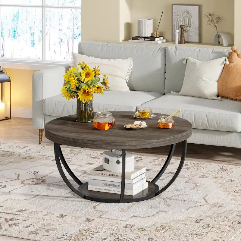 Table basse ronde de 31,7 pouces, table d'appoint rustique à 2 niveaux avec étagères de rangement ouvertes