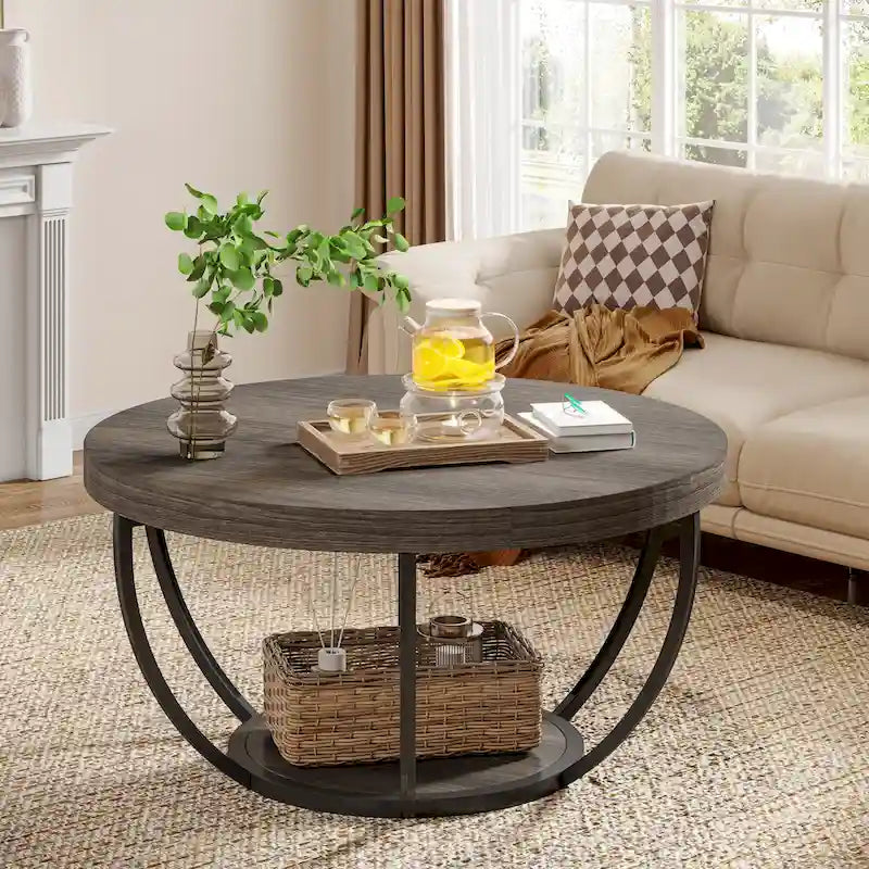 Table basse ronde de 31,7 pouces, table d'appoint rustique à 2 niveaux avec étagères de rangement ouvertes