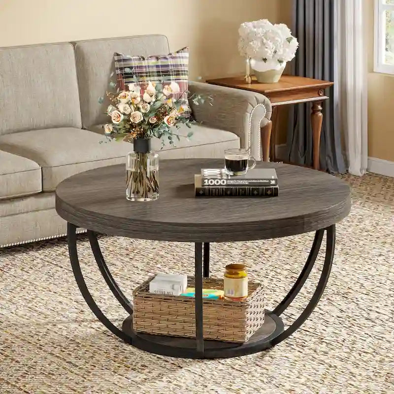 Table basse ronde de 31,7 pouces, table d'appoint rustique à 2 niveaux avec étagères de rangement ouvertes