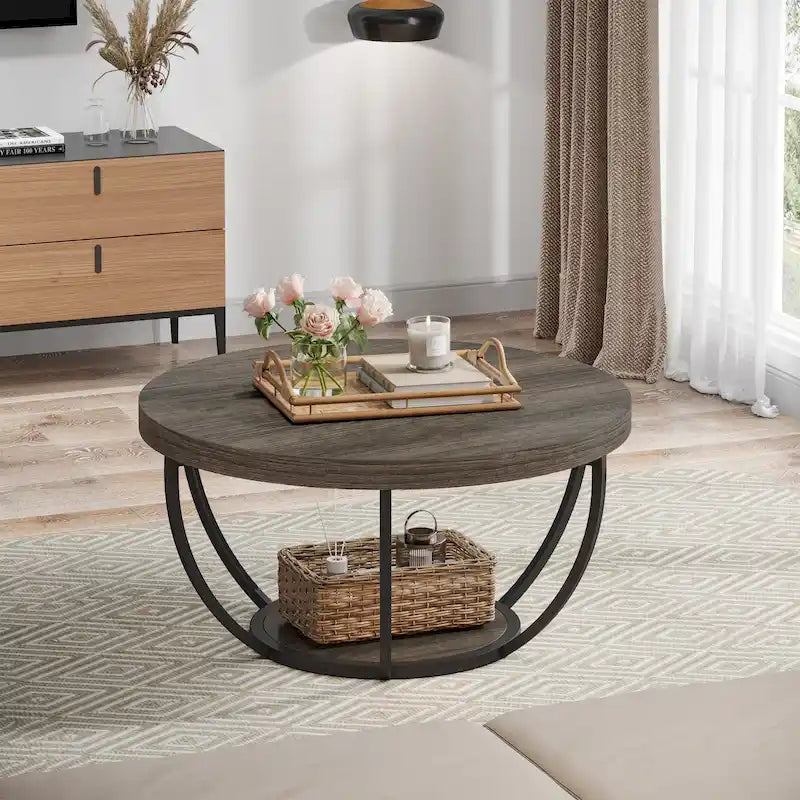 Table basse ronde de 31,7 pouces, table d'appoint rustique à 2 niveaux avec étagères de rangement ouvertes
