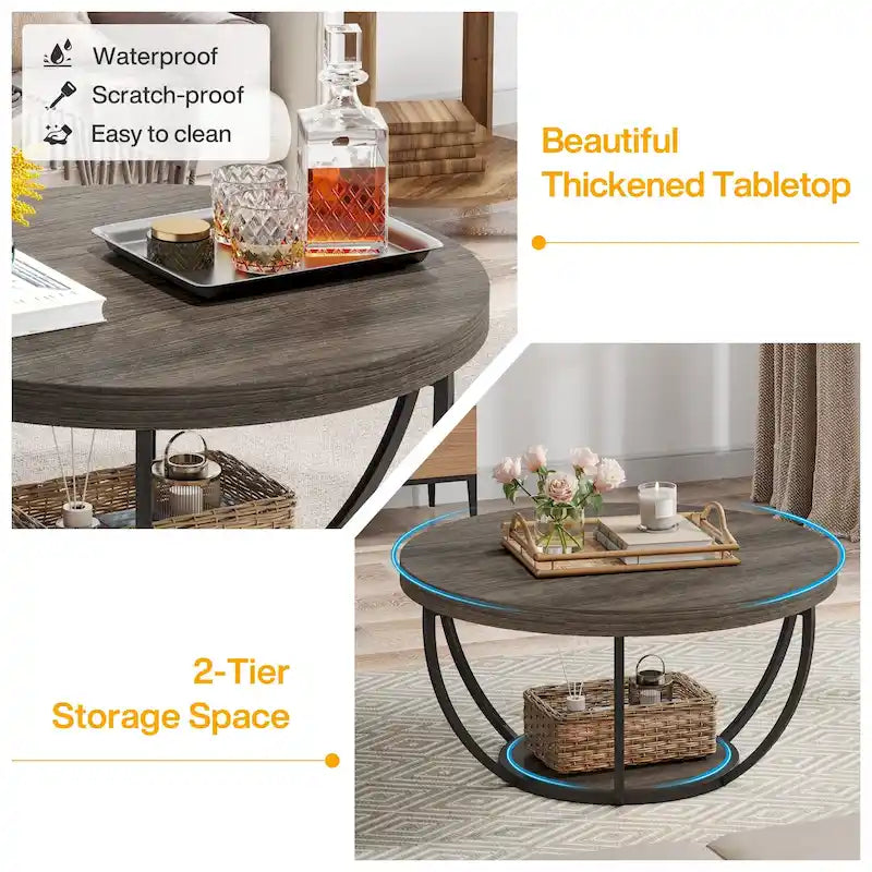 Table basse ronde de 31,7 pouces, table d'appoint rustique à 2 niveaux avec étagères de rangement ouvertes