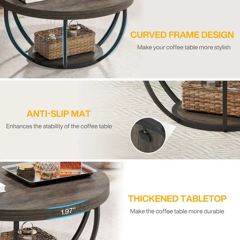 Table basse ronde de 31,7 pouces, table d'appoint rustique à 2 niveaux avec étagères de rangement ouvertes