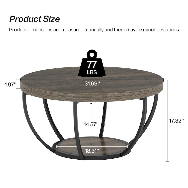 Table basse ronde de 31,7 pouces, table d'appoint rustique à 2 niveaux avec étagères de rangement ouvertes