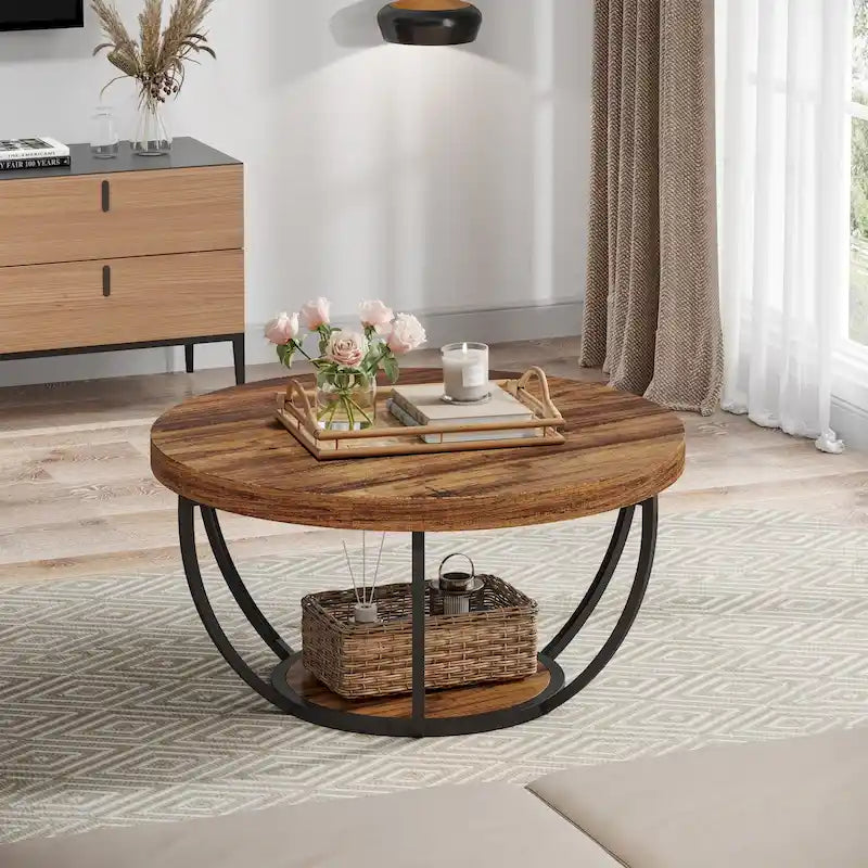 Table basse ronde de 31,7 pouces, table d'appoint rustique à 2 niveaux avec étagères de rangement ouvertes
