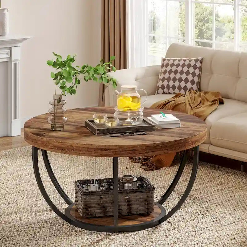 Table basse ronde de 31,7 pouces, table d'appoint rustique à 2 niveaux avec étagères de rangement ouvertes