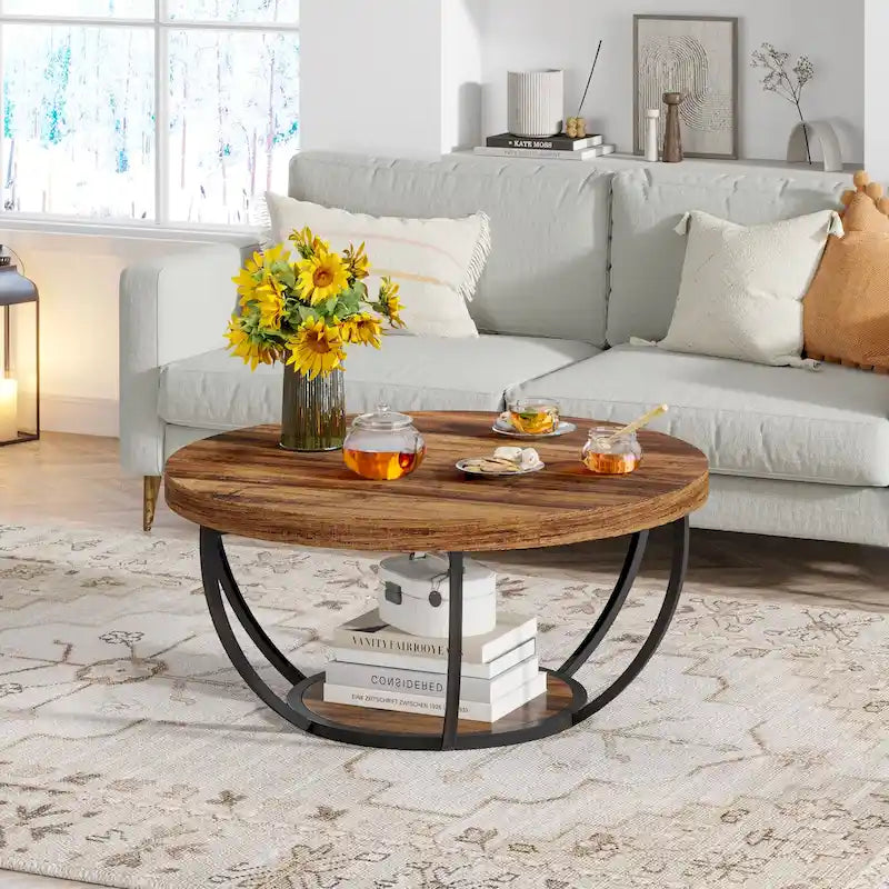 Table basse ronde de 31,7 pouces, table d'appoint rustique à 2 niveaux avec étagères de rangement ouvertes