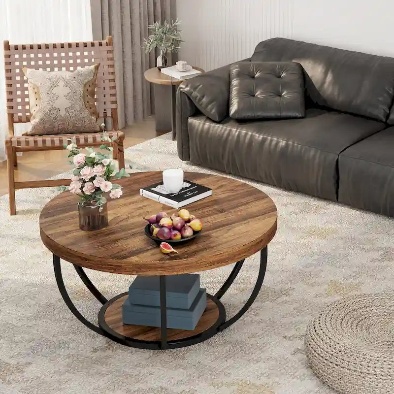 Table basse ronde de 31,7 pouces, table d'appoint rustique à 2 niveaux avec étagères de rangement ouvertes