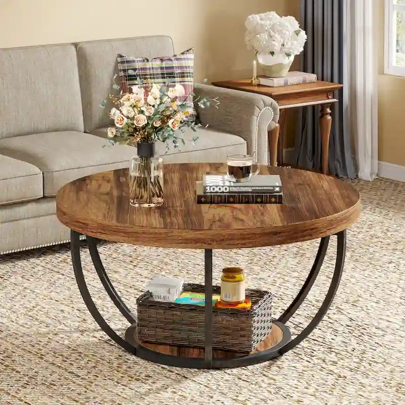 Table basse ronde de 31,7 pouces, table d'appoint rustique à 2 niveaux avec étagères de rangement ouvertes