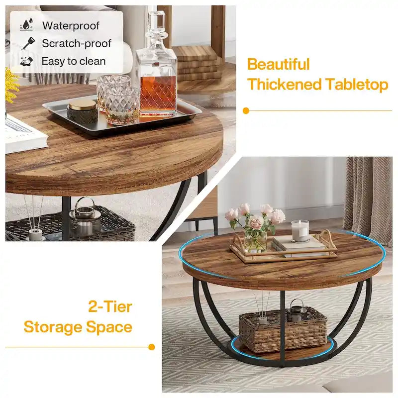 Table basse ronde de 31,7 pouces, table d'appoint rustique à 2 niveaux avec étagères de rangement ouvertes