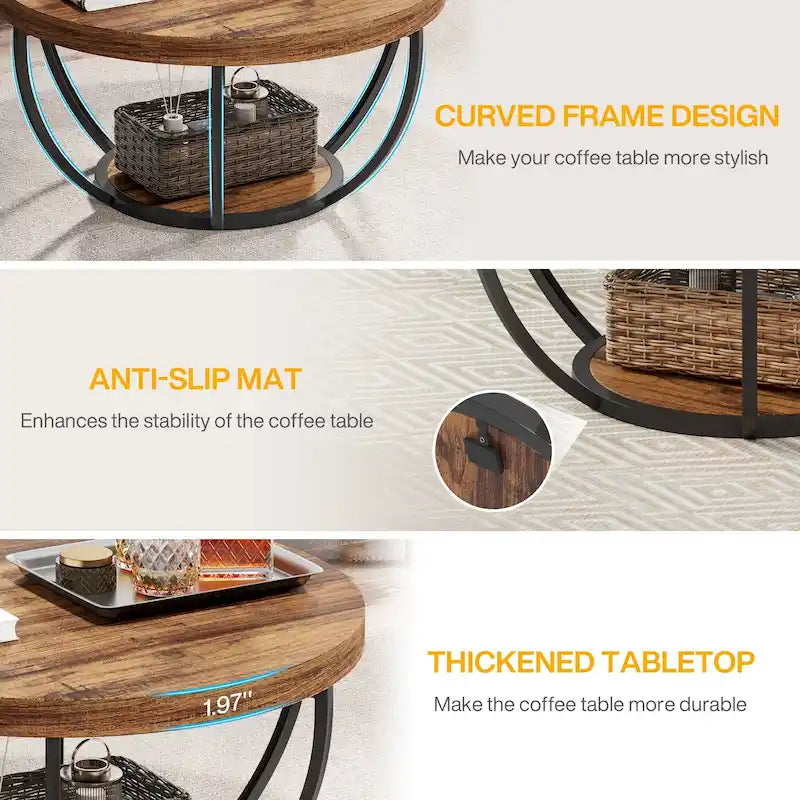 Table basse ronde de 31,7 pouces, table d'appoint rustique à 2 niveaux avec étagères de rangement ouvertes