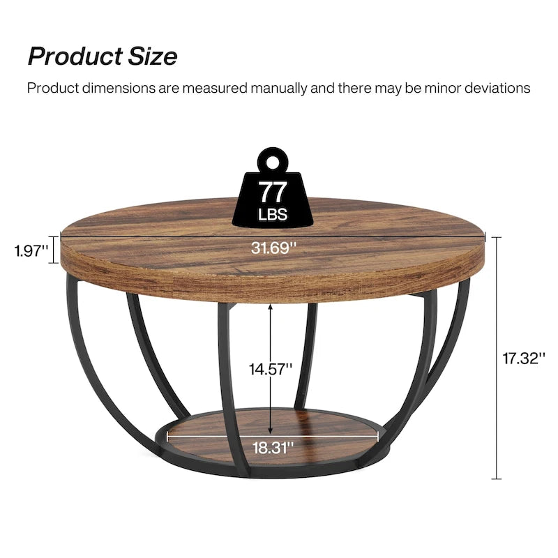 Table basse ronde de 31,7 pouces, table d'appoint rustique à 2 niveaux avec étagères de rangement ouvertes