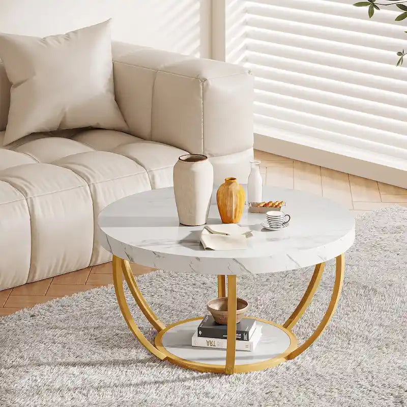 Table basse ronde de 31,7 pouces, table d'appoint rustique à 2 niveaux avec étagères de rangement ouvertes