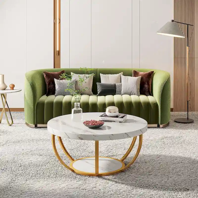Table basse ronde de 31,7 pouces, table d'appoint rustique à 2 niveaux avec étagères de rangement ouvertes