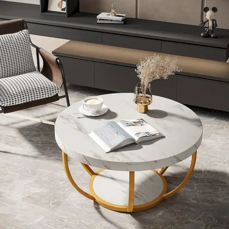 Table basse ronde de 31,7 pouces, table d'appoint rustique à 2 niveaux avec étagères de rangement ouvertes