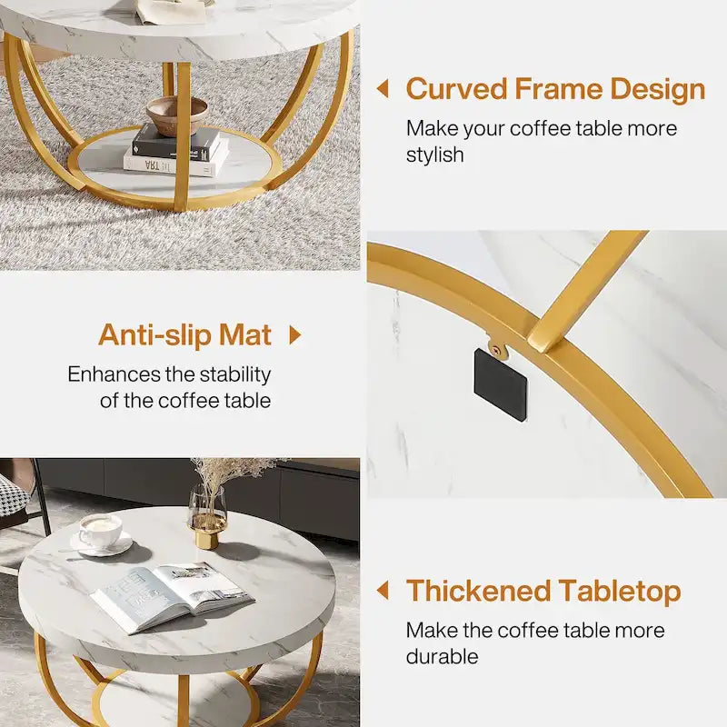 Table basse ronde de 31,7 pouces, table d'appoint rustique à 2 niveaux avec étagères de rangement ouvertes