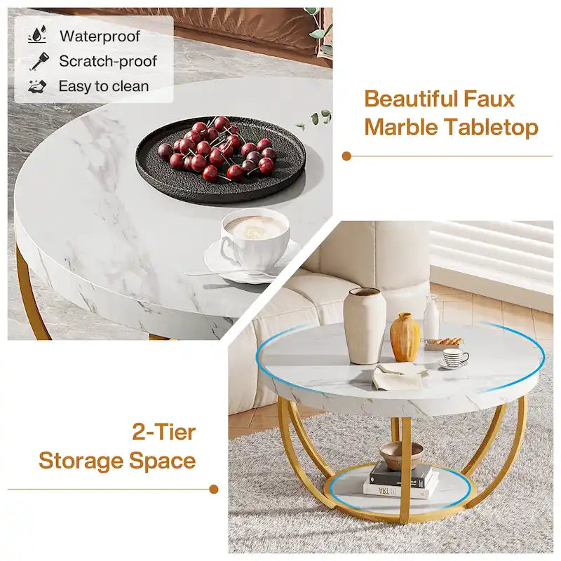 Table basse ronde de 31,7 pouces, table d'appoint rustique à 2 niveaux avec étagères de rangement ouvertes
