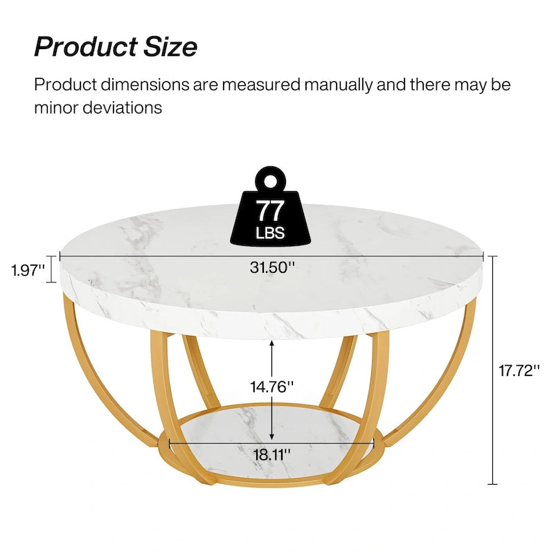 Table basse ronde de 31,7 pouces, table d'appoint rustique à 2 niveaux avec étagères de rangement ouvertes