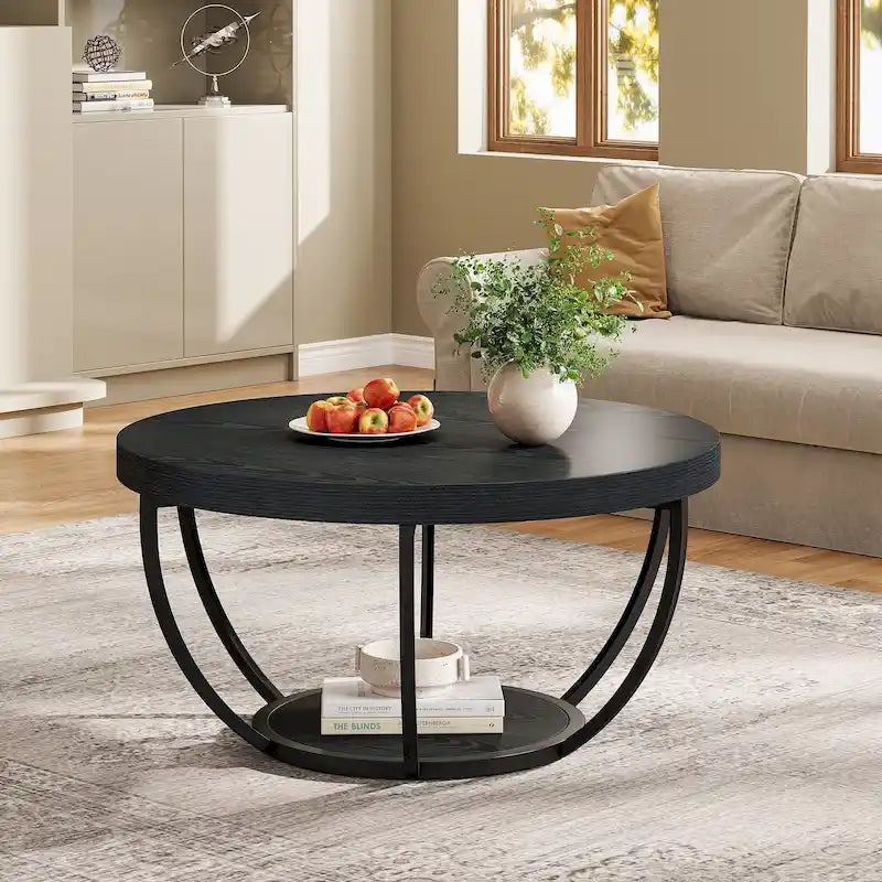 Table basse ronde de 31,7 pouces, table d'appoint rustique à 2 niveaux avec étagères de rangement ouvertes