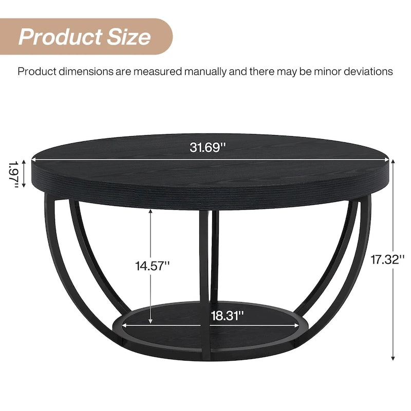 Table basse ronde de 31,7 pouces, table d'appoint rustique à 2 niveaux avec étagères de rangement ouvertes