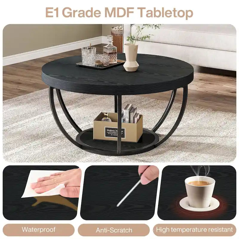 Table basse ronde de 31,7 pouces, table d'appoint rustique à 2 niveaux avec étagères de rangement ouvertes