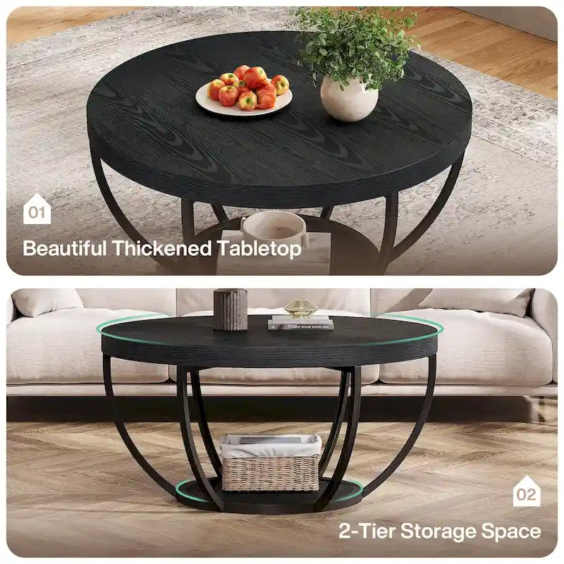 Table basse ronde de 31,7 pouces, table d'appoint rustique à 2 niveaux avec étagères de rangement ouvertes