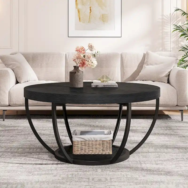 Table basse ronde de 31,7 pouces, table d'appoint rustique à 2 niveaux avec étagères de rangement ouvertes