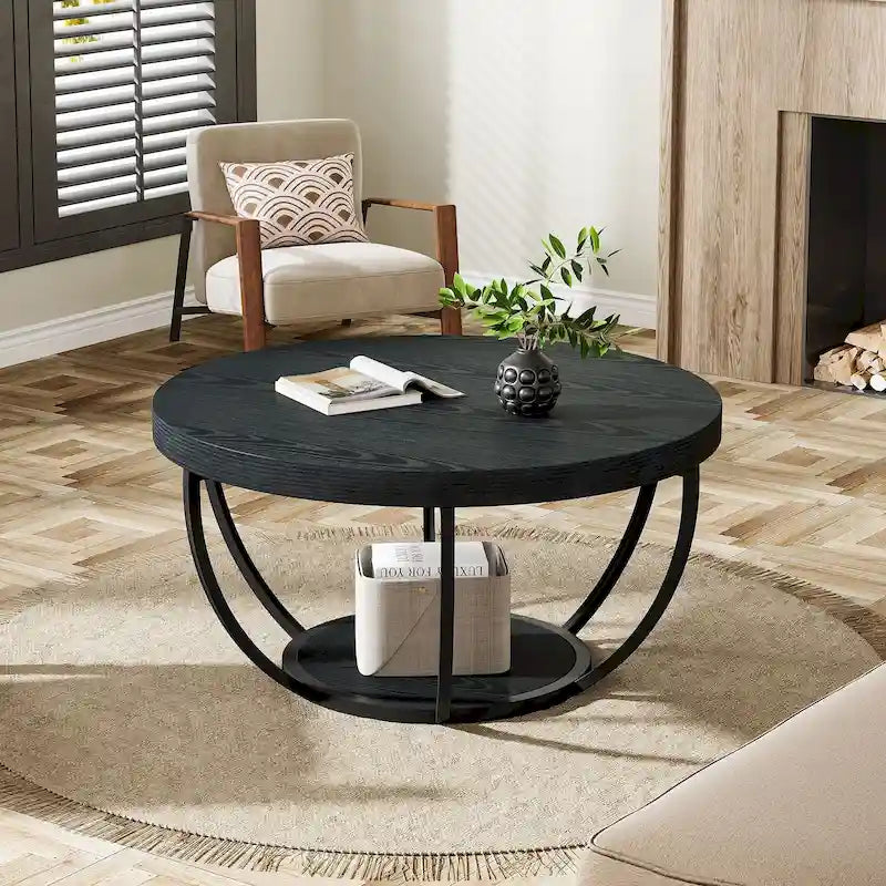 Table basse ronde de 31,7 pouces, table d'appoint rustique à 2 niveaux avec étagères de rangement ouvertes