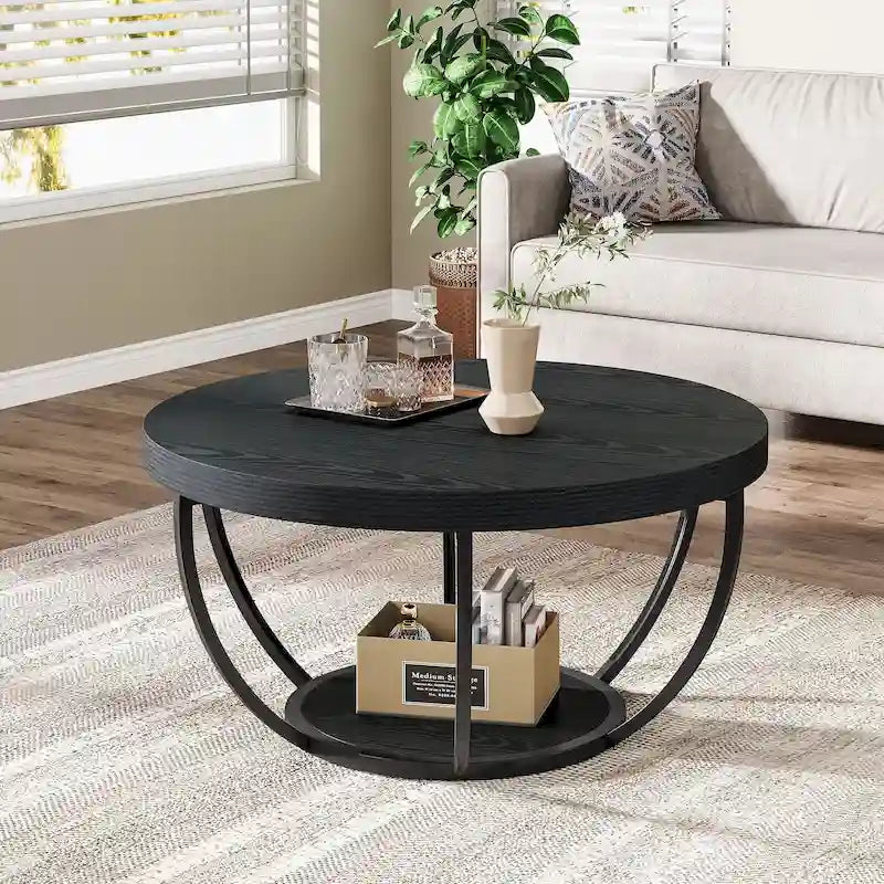 Table basse ronde de 31,7 pouces, table d'appoint rustique à 2 niveaux avec étagères de rangement ouvertes