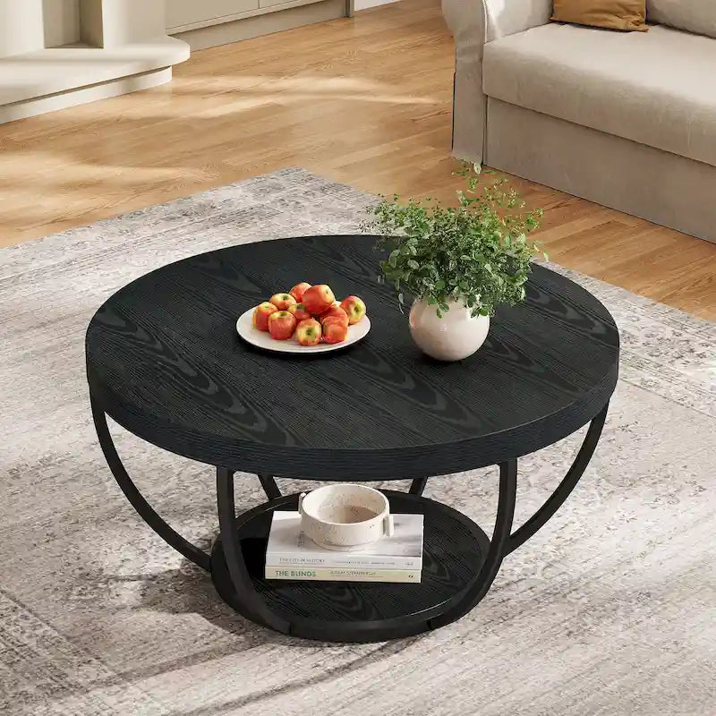 Table basse ronde de 31,7 pouces, table d'appoint rustique à 2 niveaux avec étagères de rangement ouvertes