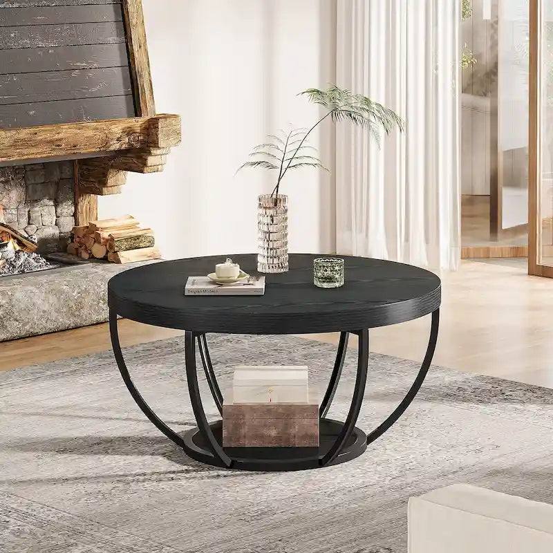 Table basse ronde de 31,7 pouces, table d'appoint rustique à 2 niveaux avec étagères de rangement ouvertes