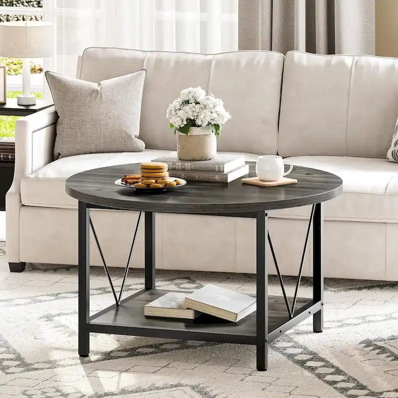 Table basse ronde à 2 niveaux Moasis Industrial avec étagère