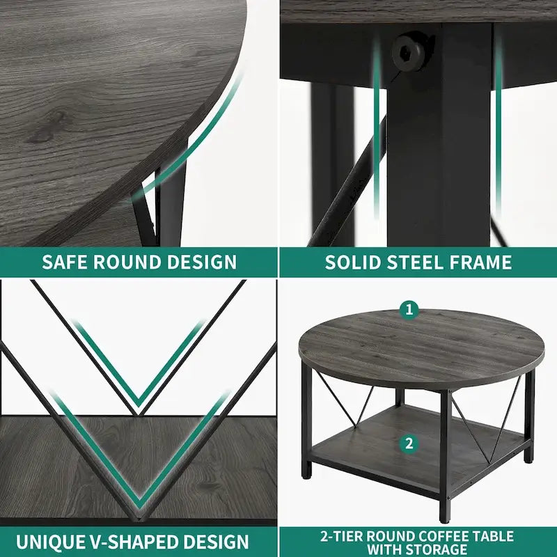 Table basse ronde à 2 niveaux Moasis Industrial avec étagère