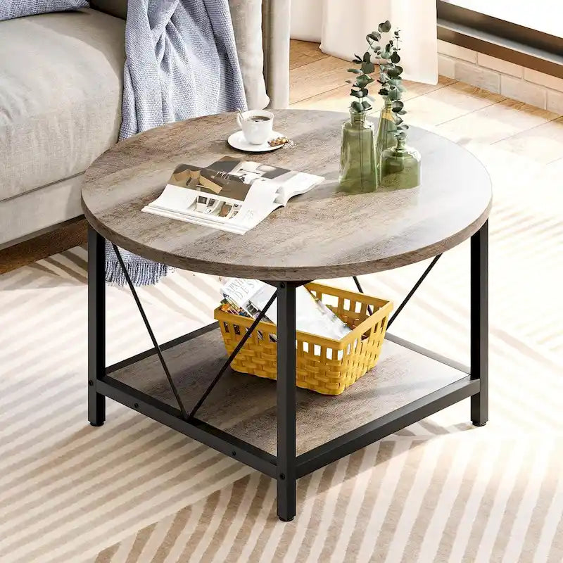 Table basse ronde à 2 niveaux Moasis Industrial avec étagère