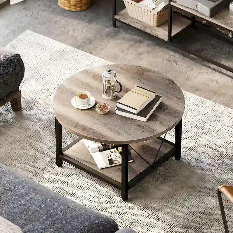 Table basse ronde à 2 niveaux Moasis Industrial avec étagère
