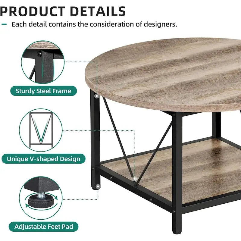 Table basse ronde à 2 niveaux Moasis Industrial avec étagère