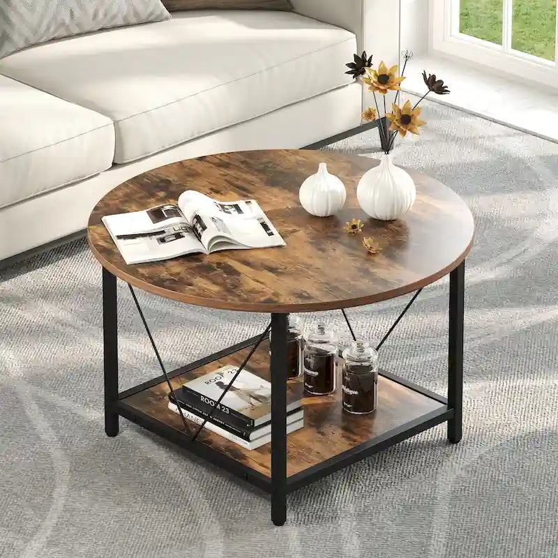 Table basse ronde à 2 niveaux Moasis Industrial avec étagère