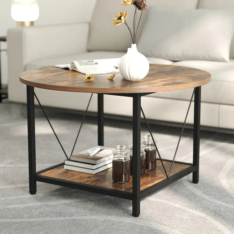 Table basse ronde à 2 niveaux Moasis Industrial avec étagère