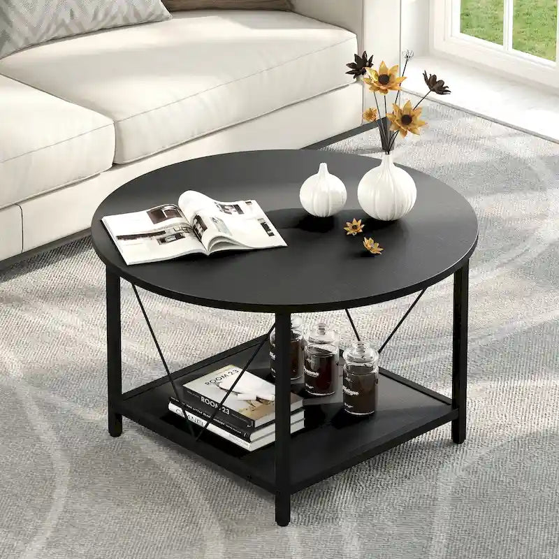 Table basse ronde à 2 niveaux Moasis Industrial avec étagère