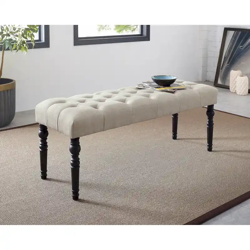 Banc de salle à manger en tissu tufté cuivre Sens, couleur sable, avec pieds tournés