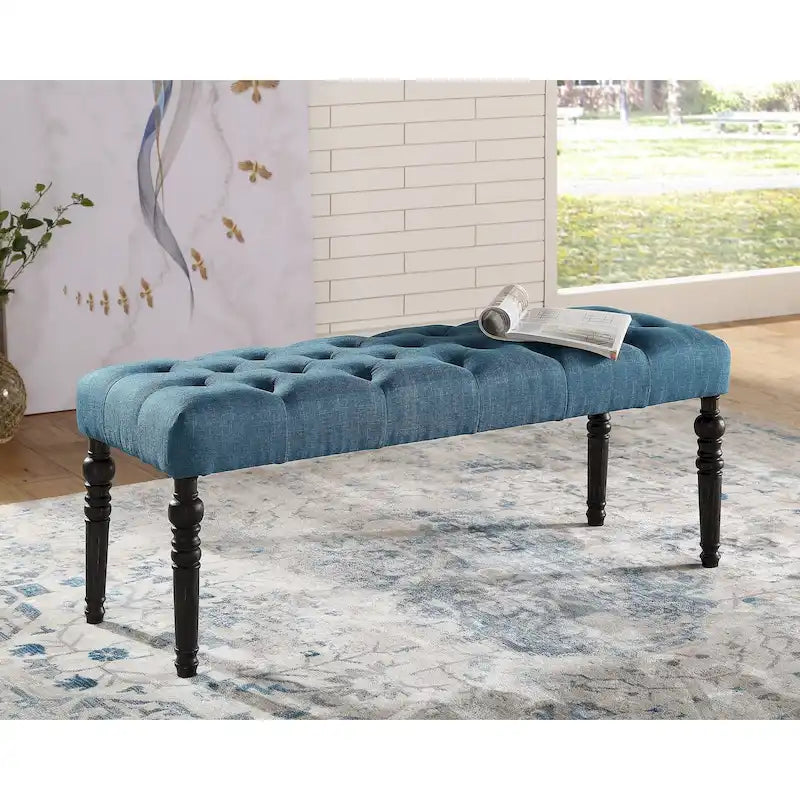 Banc de salle à manger en tissu tufté cuivre Sens, couleur sable, avec pieds tournés