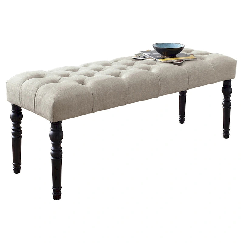 Banc de salle à manger en tissu tufté cuivre Sens, couleur sable, avec pieds tournés