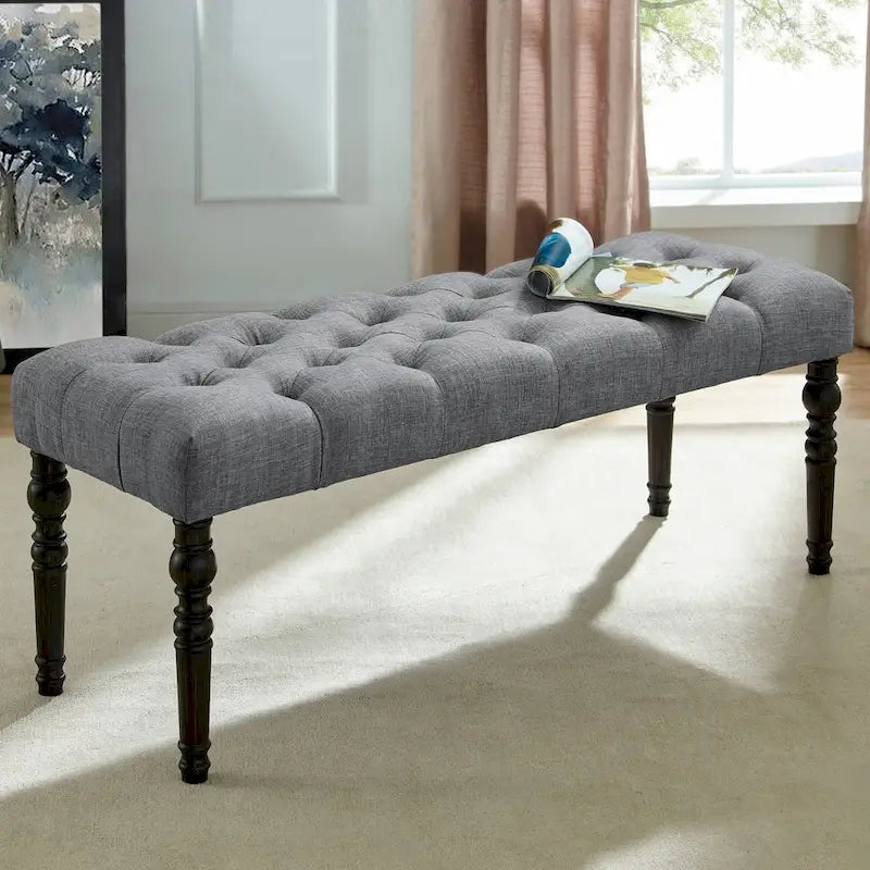 Banc de salle à manger en tissu tufté cuivre Sens, couleur sable, avec pieds tournés